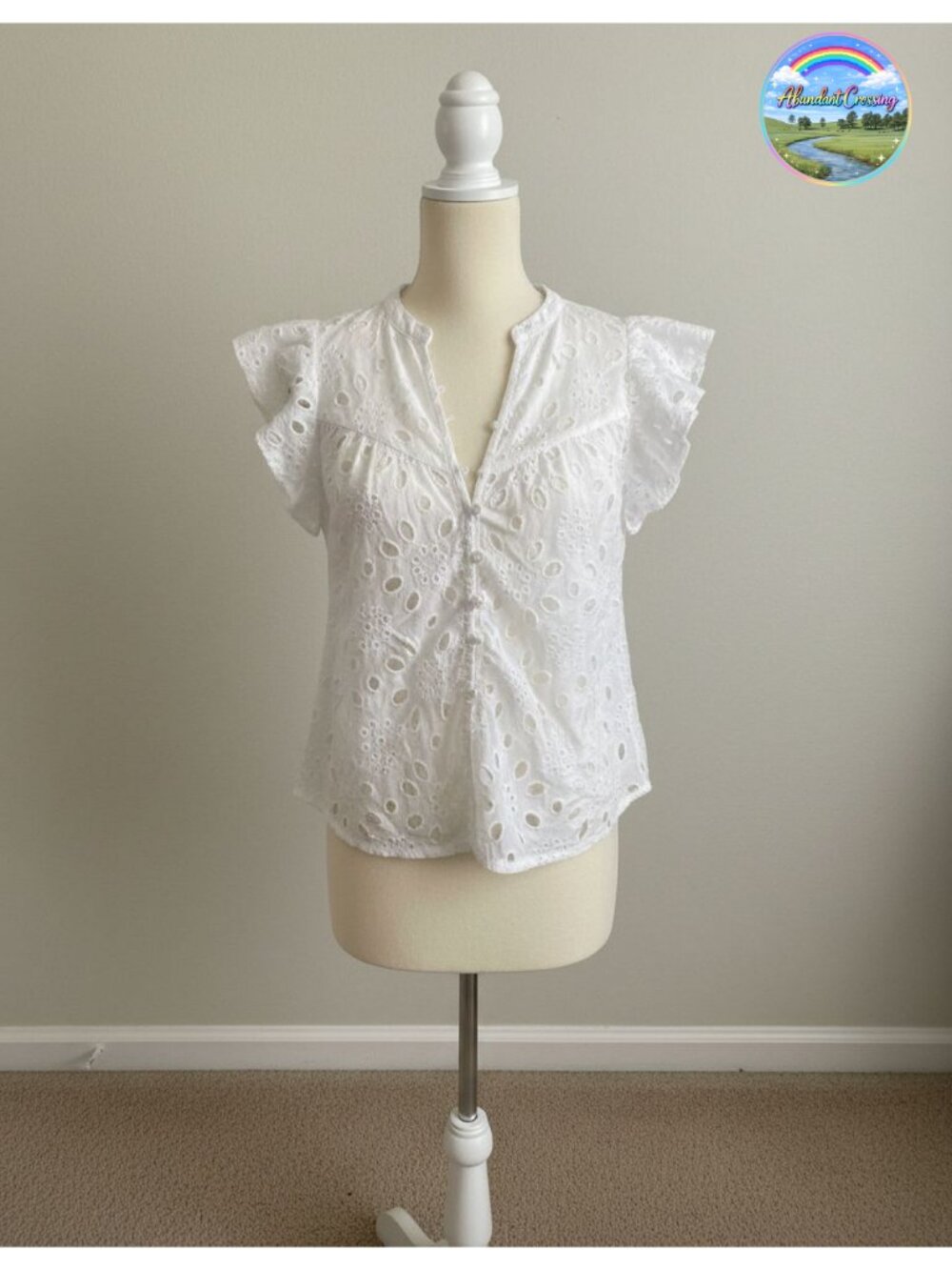 Women's Eyelet V Neck Summer Blouse Flutter Sleeve Button Down Top